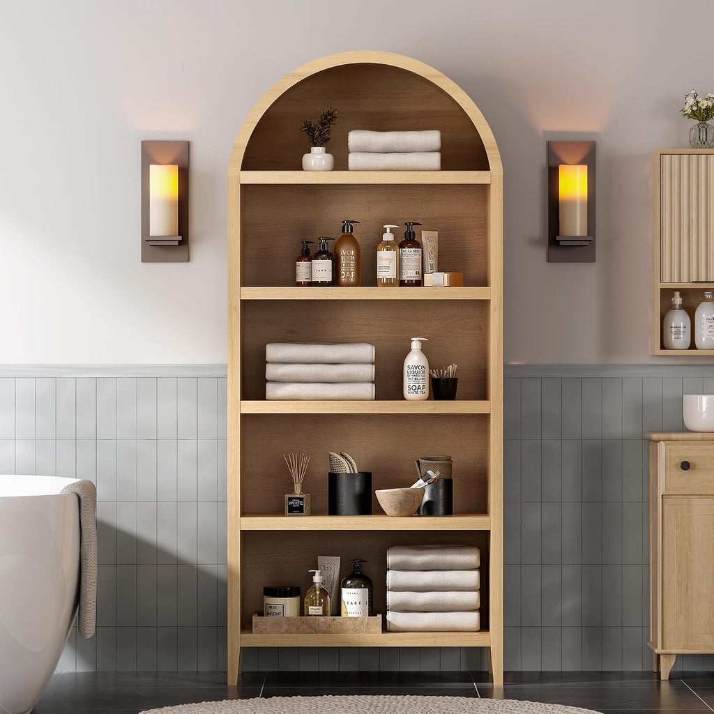 5 Tier Arched Bookshelf, 71" Tall Bookcase with Adjustable Shelves Wood Storage Cabinet Freestanding Display Kitchen