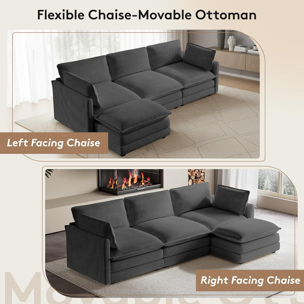 104'' Modular Sectional Cloud Couch with Movable Ottoman, 4 Seat Modern Corduroy Sofa, Deep Seat L Shaped Couch