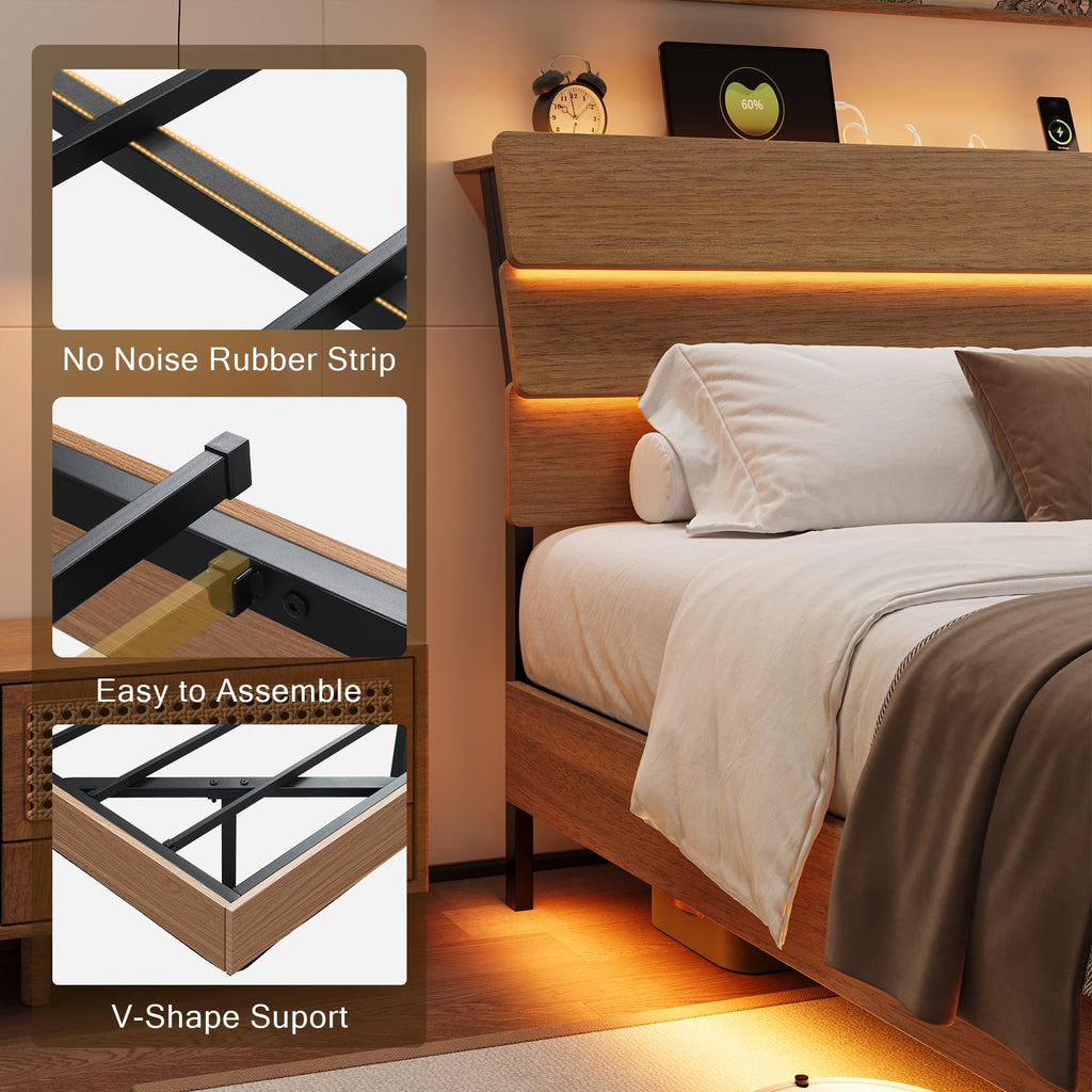 Bed Frame Queen Size with Charging Station, Led Bed Frame with Wood Storage Headboard, Heavy Duty Metal Slats, No Box