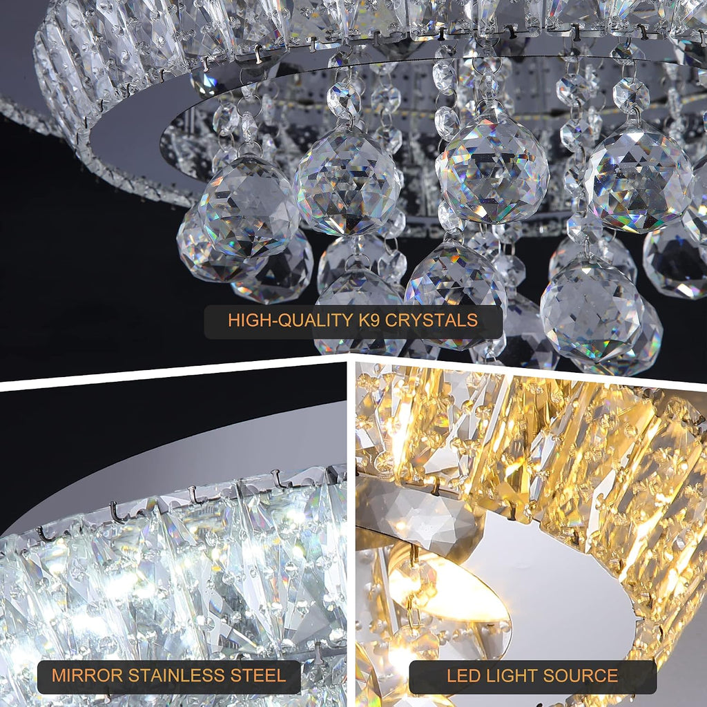 Elegant LED Crystal Raindrop Ceiling Light,20" Flush Mount Chandelier Light Fixture with Remote Control for Living