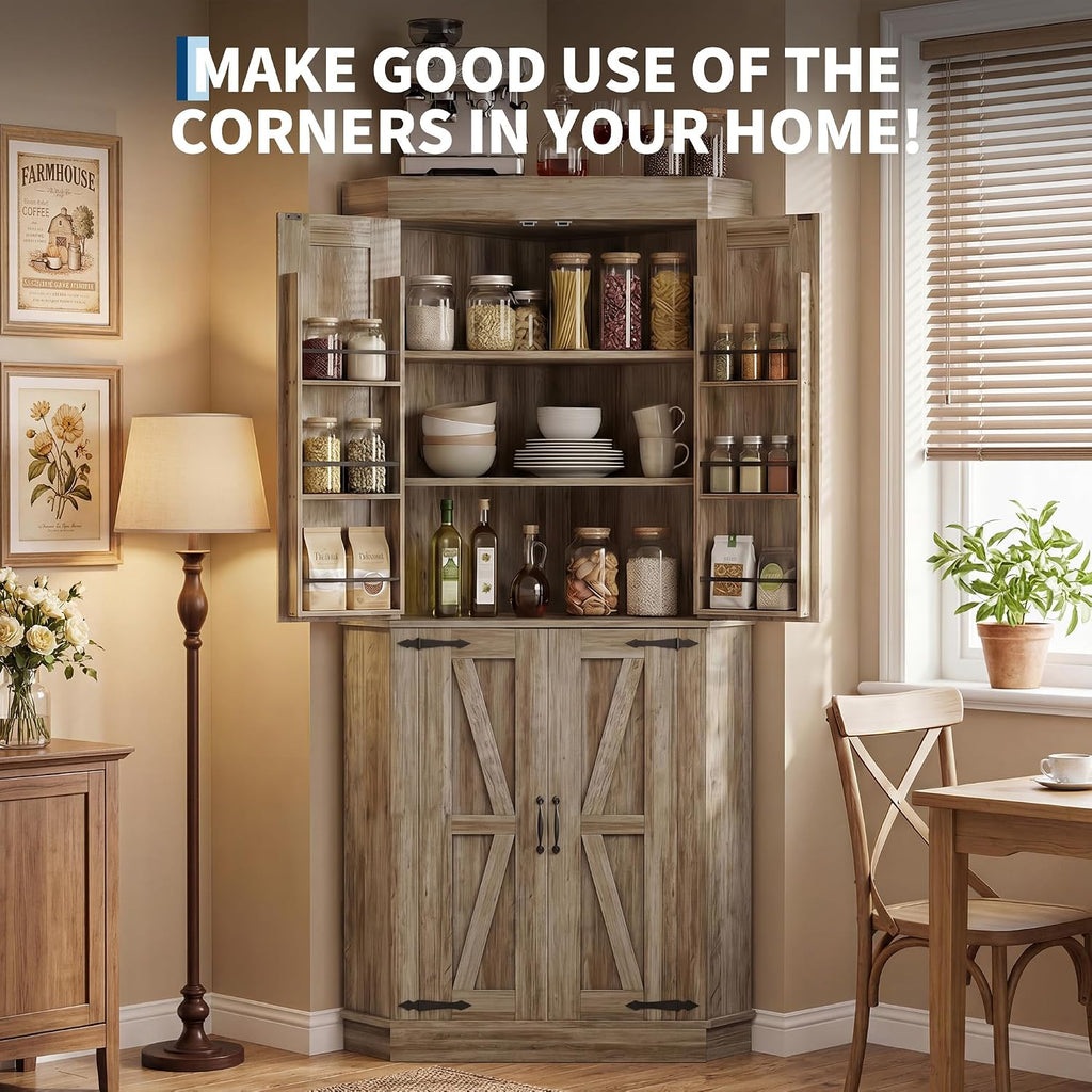 Farmhouse 71"Tall Corner Bar Cabinet,Heavy Duty Corner Kitchen Pantry Cabinet with 4 Doors&Shelves,Freestanding L