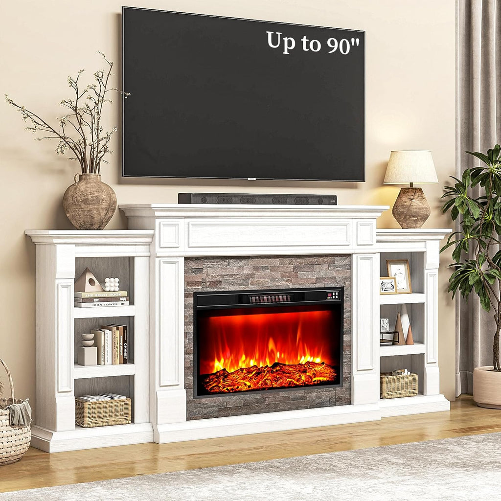 80" Electric Fireplace with Mantel, Fireplace TV Stand for TVs Up to 90 Inch, Modern Entertainment Center with Storage, 30'' Fireplace Heater Insert with 3D Flame Effect for Living Room