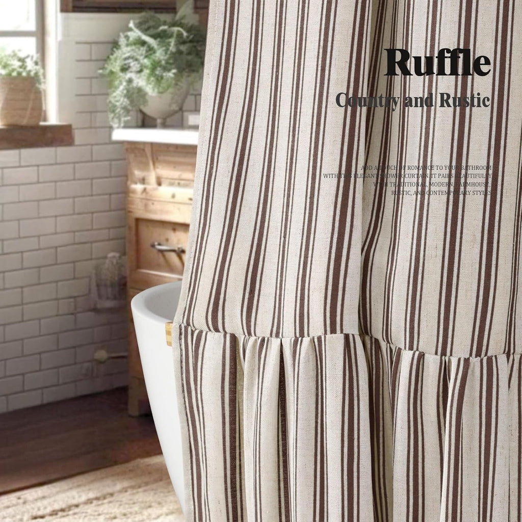 Farmhouse Shower Curtain Ruffle Linen Cream-Brown Stripe 72"W x 72"L | Farmhouse Boho, Striped, Bottom Ruffle, Linen