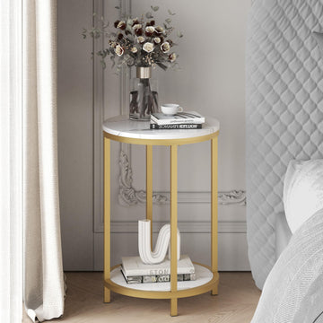 Round Side Table, Modern Nightstand End Table with Gold Metal Frame &Faux Marble Top, Accent Bedside Table Bedroom