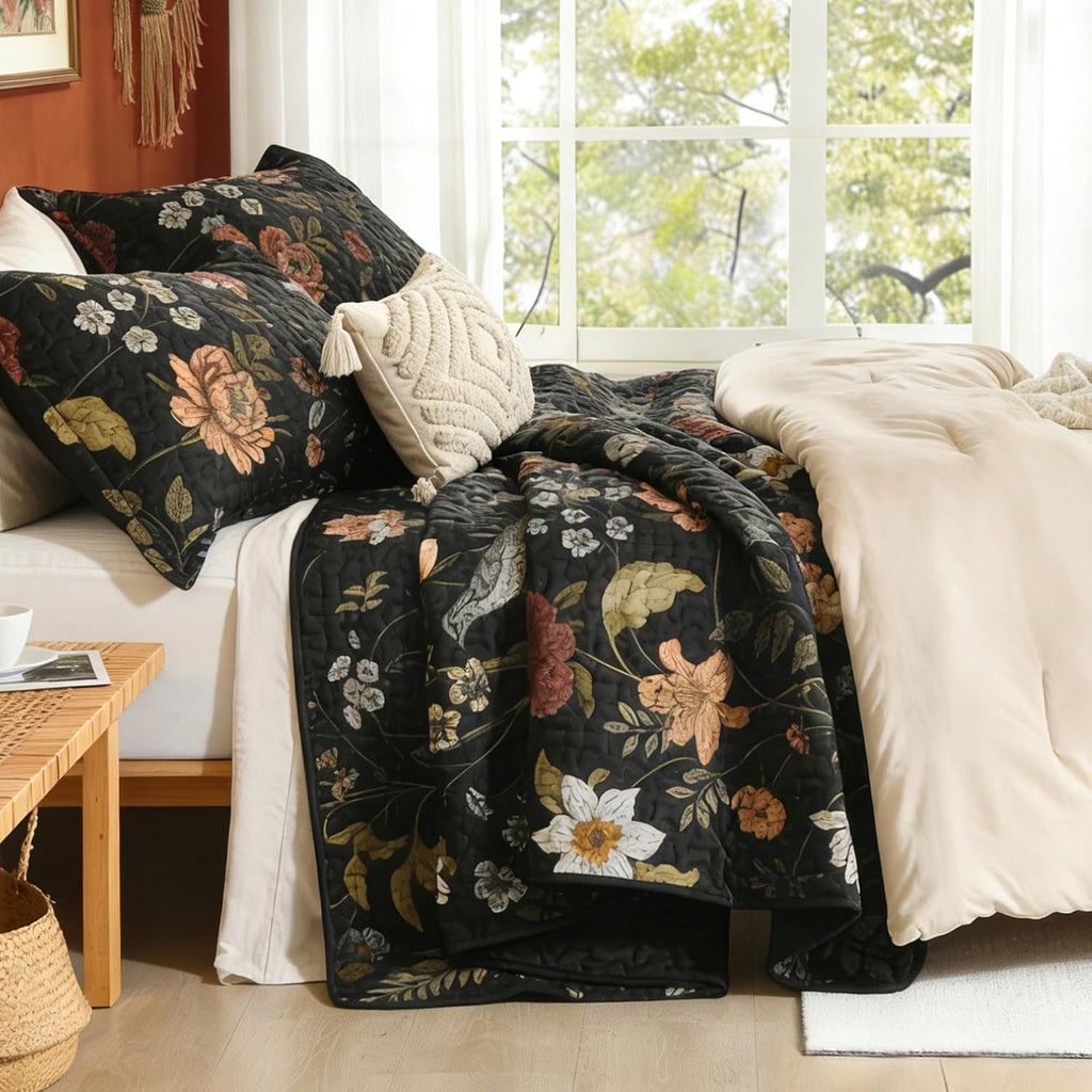 Floral Black Quilt - 3 Pieces Botanical Birds Pattern Quilt Bedding, Lightweight Soft Coverlet for All Seasons