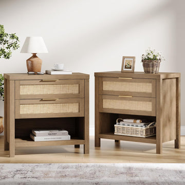 Rattan Nightstands Set of 2, Farmhouse Bedside Table with 2 Drawers and Storage Shelf, Rattan Boho Accent Night