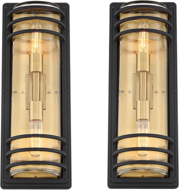 21" High Modern Industrial Outdoor Wall Light Fixture Mount Porch House Exterior Outside Lantern Set of 2 2-Light Weatherproof Black and Brass Finish Clear Glass Shade
