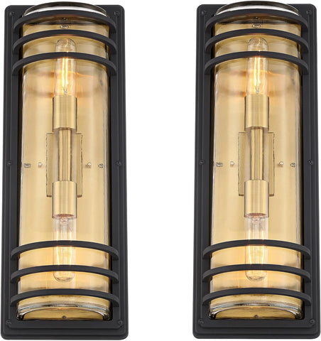21" High Modern Industrial Outdoor Wall Light Fixture Mount Porch House Exterior Outside Lantern Set of 2 2-Light Weatherproof Black and Brass Finish Clear Glass Shade A123-B0DYNGZ3TS