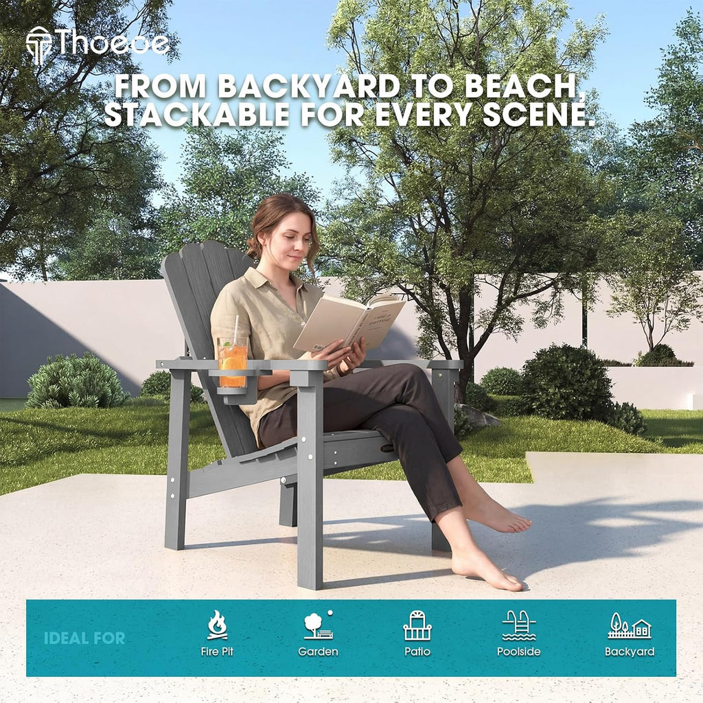 Stackable Adirondack Chair Set of 4, Fire Pit Chairs Set of 4 | All-weather HDPE, with Cup Holder, Plastic Outdoor