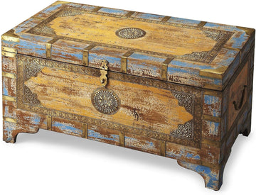 Nador Painted Brass Inlay Steamer Trunk - Large Decorative Storage Chest & Wood Trunk | Vintage Hand Painted Storage