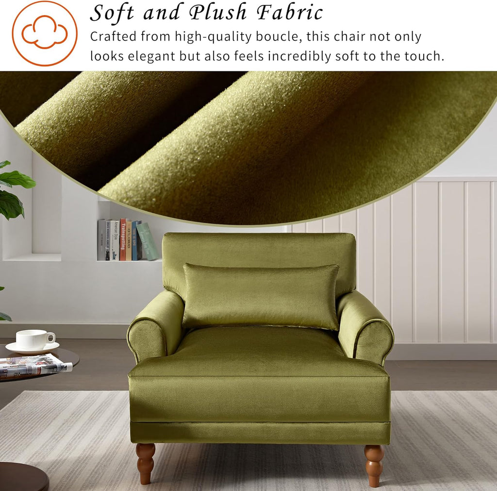 Oversized Velvet Accent Arm Chair with Roman Column Legs, Green | Upholstered Vintage Living Room Chair, Big Lounge