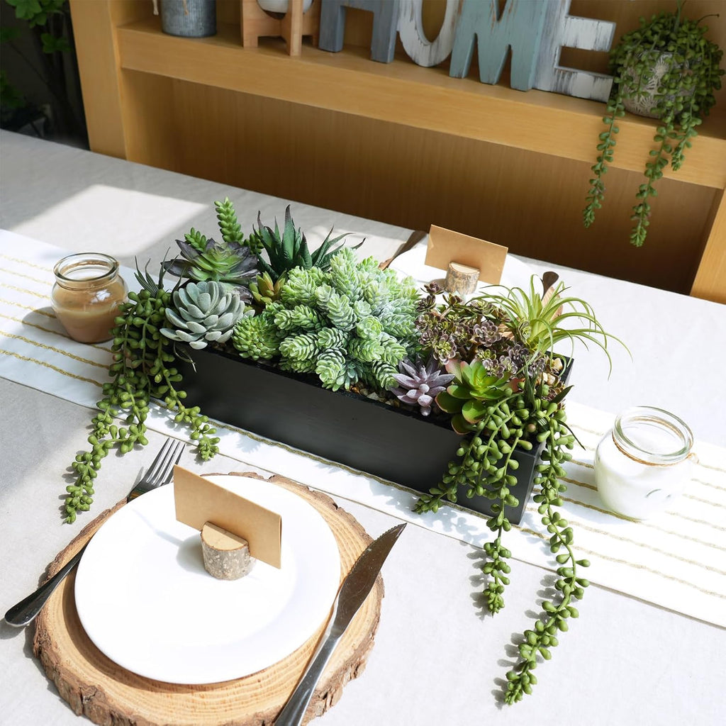 15" Artificial Succulents Arrangement Faux Succulents in Rectangular Black Wooden Planter Box Faux Potted Succulents