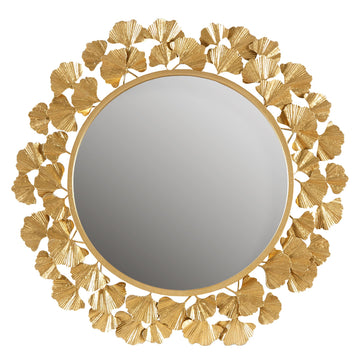 Wall Décor Large Gingko Leaf Round Wall Mirror, Iron Metal Plate Frame Antique Finish, Ready to Hang Bedroom