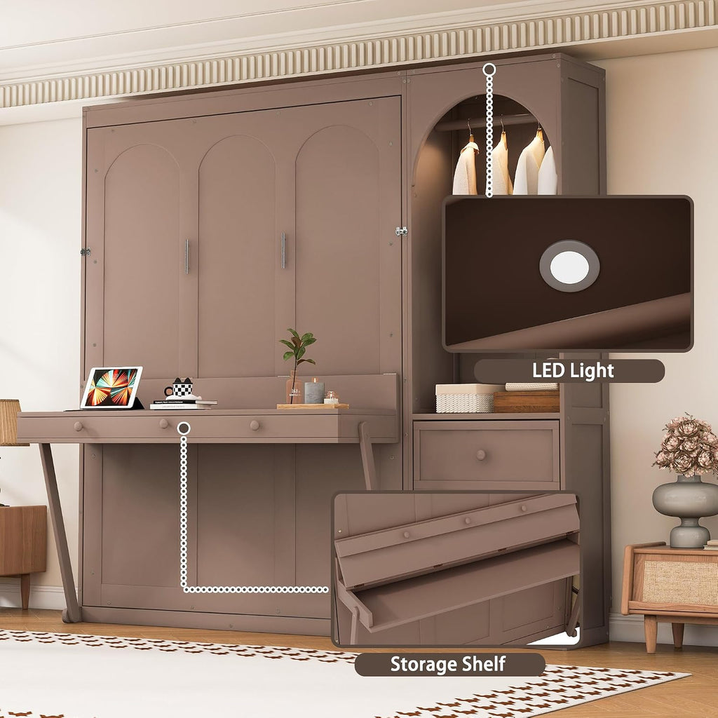 Queen Murphy Bed with Storage Shelf and 3 Drawers, Multifunctional Hidden Wall Bed with Desk and LED Light for Small