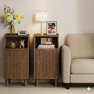 11.8" Narrow Fluted Nightstand Set of 2,Slim Side End Table with 2 Drawers,Mid-Century Modern Bedside Table,Skinny