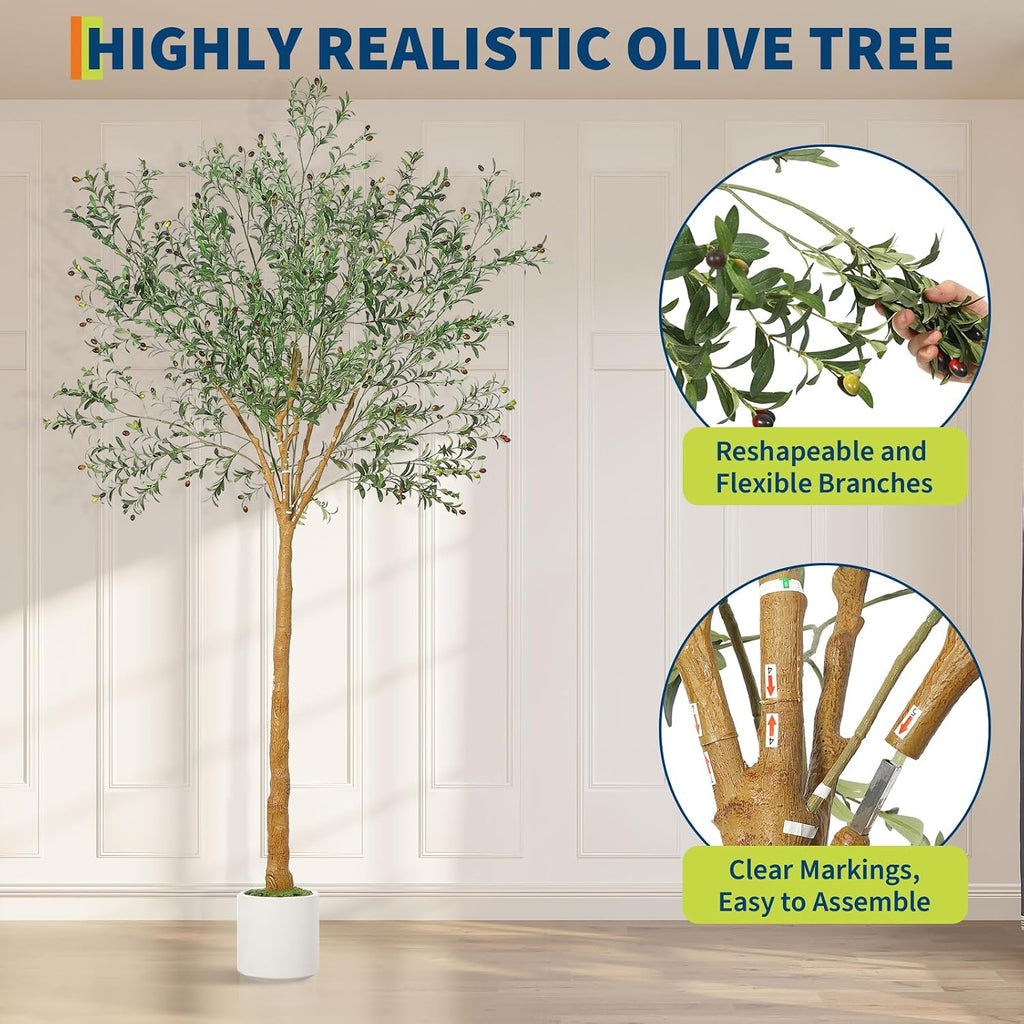 Olive Tree 9 FT, Faux Olive Tree Decor Indoor, Large Potted Fake Plant with Realistic Wood Trunk & Lifelike Fruits in