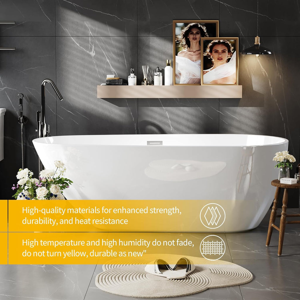 67" Premium Lucite Freestanding Bathtub, Deep Soaking Upright Tub with Matte Drain & Black Water Bypass