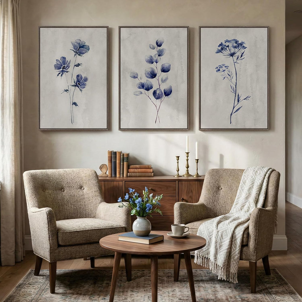 Framed Boho Floral Wall Art , 3 Piece Blue Minimalist Botanical Canvas Painting Prints, Modern Rustic Watercolor