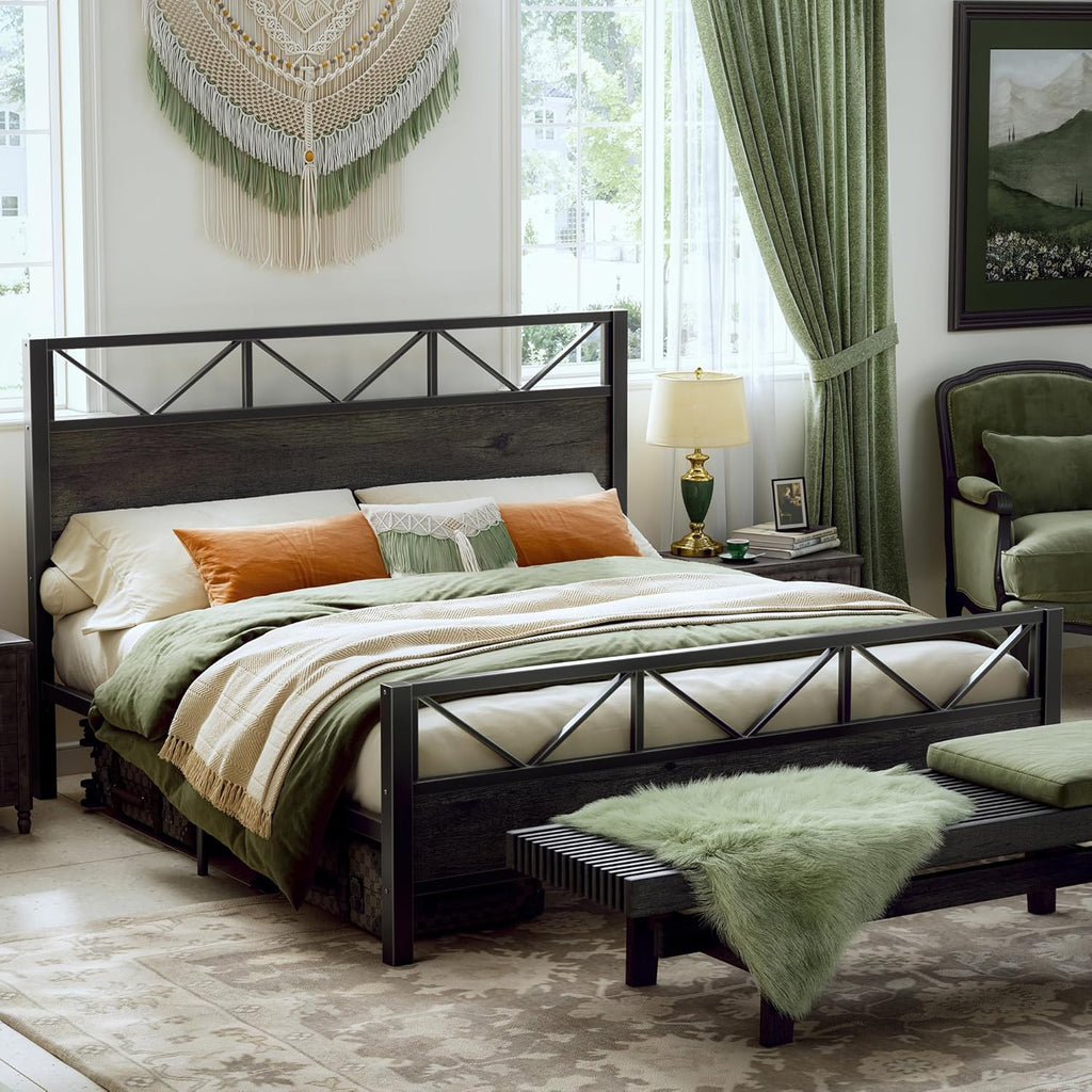 King Bed Frame, Tall Industrial Headboard 51.2 ", Platform Bed Frame with Strong Metal Support, Solid and Stable
