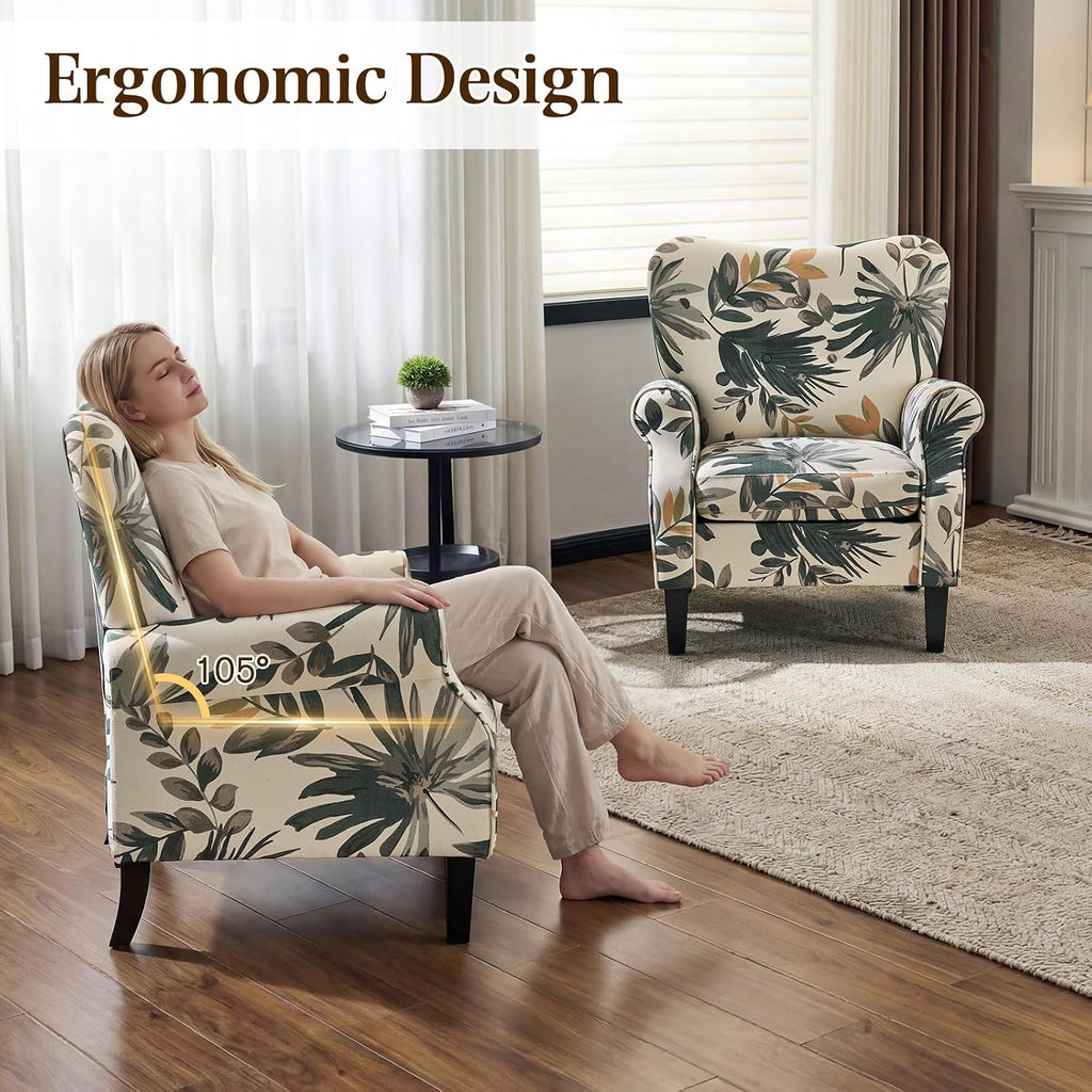 Mid Century Wingback Arm Chair, Modern Upholstered Fabric High Back Accent Chair with Wood Legs, Upholstered Single