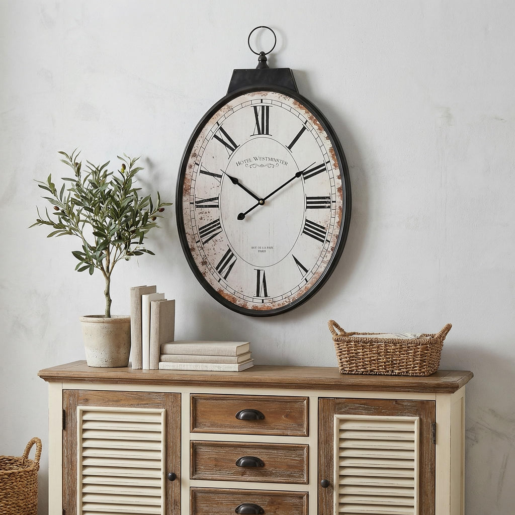 Large Oval Wall Clock 25 Inch, Antique Distressed White Decorative Clock with Metal Frame & Arabic Numerals, Vintage