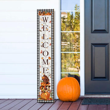 Fall Welcome Porch Sign Thanksgiving Day Wooden Door Sign 47" Large Buffalo Plaid Porch Sign for Pumpkin Sign Home