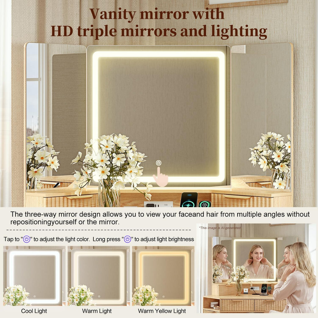 Corner Makeup Vanity Desk with 3 Way Mirror and Lights,48" Large Vanity Table with 6 Drawers & Storage Cabinets