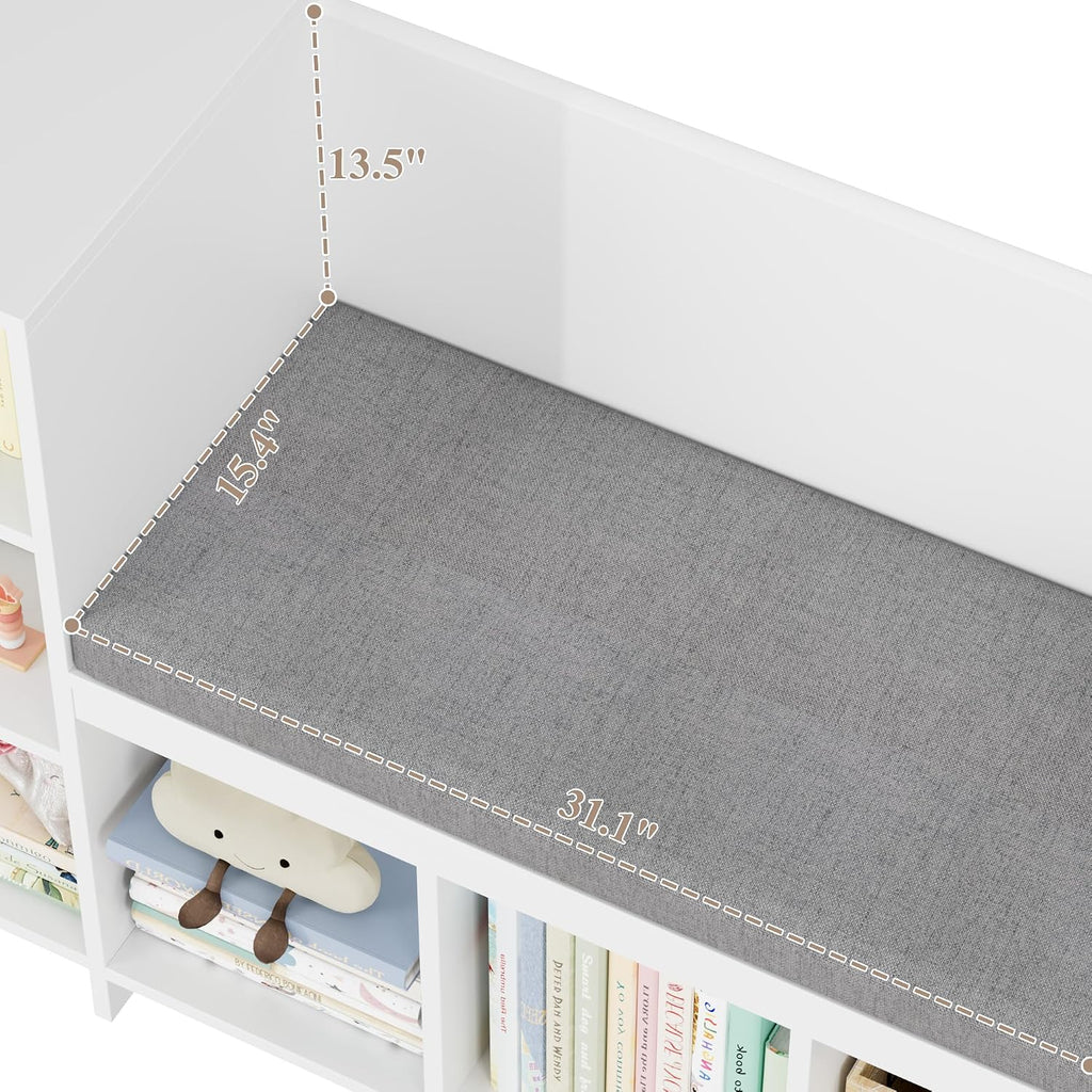 67"W Kids Reading Nook with Bookshelf, Toy Storage Organizer, White | Cushioned Bench & Large Movable Toy Storage Box