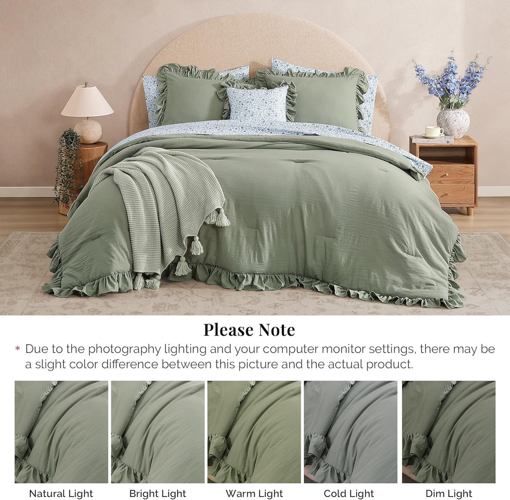 Comforter Set - 7 Pieces Ruffle Sage Green Bedding Sets