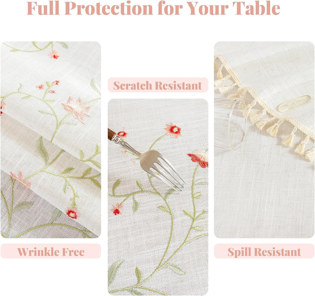 Rectangle Tablecloth 55" x 75", Pink Floral Embroidered Table Cloth with Tassels, Farmhouse Rustic L