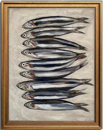 Gold Framed Sardine Wall Art, Coastal Fish Canvas Prints 12x16in