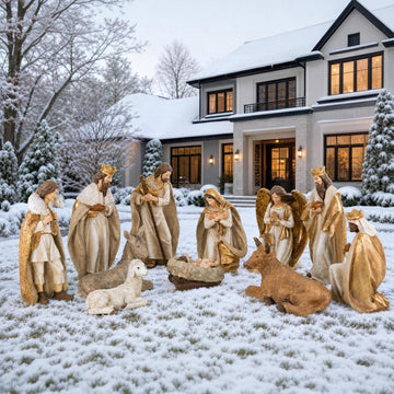 31.75"H Oversized Outdoor Nativity Set, 12-Piece Hand-Painted Large Resin Christmas Nativity Scene Figurine Set, Gold