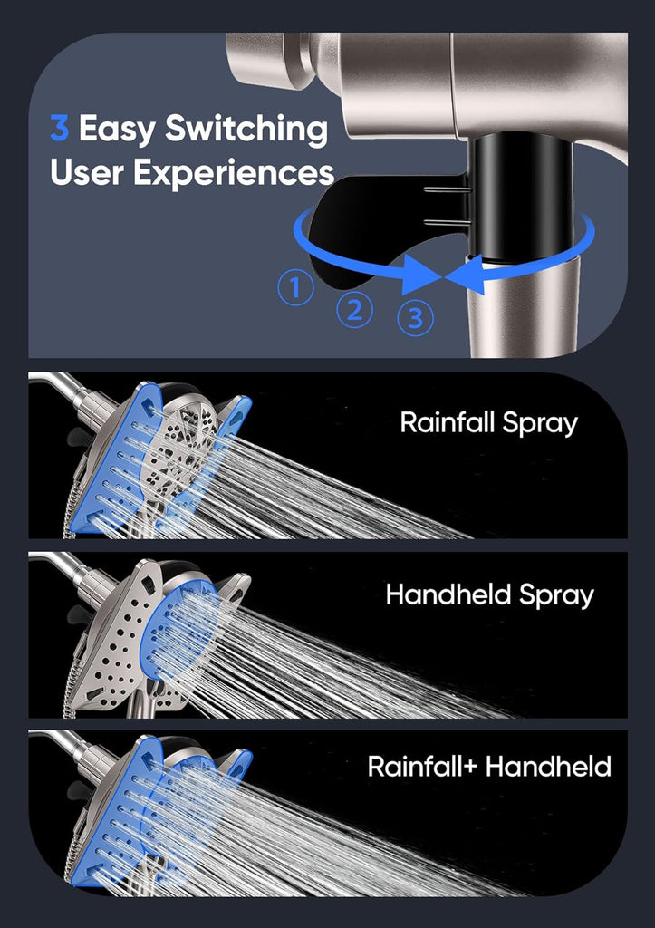Shower Head with Handheld High Pressure, Rain Shower Head with Fixed Showerhead and 9 Sprays Handheld Shower