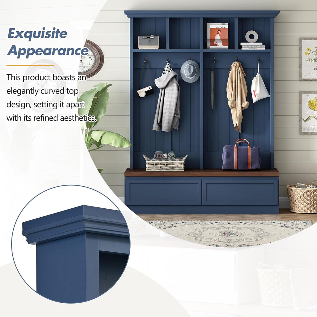 Wood Hall Tree with 6 Hooks & Entryway Bench, Farmhouse Mudroom Versatile Coat Racks with 2 Large Drawers, Entrance