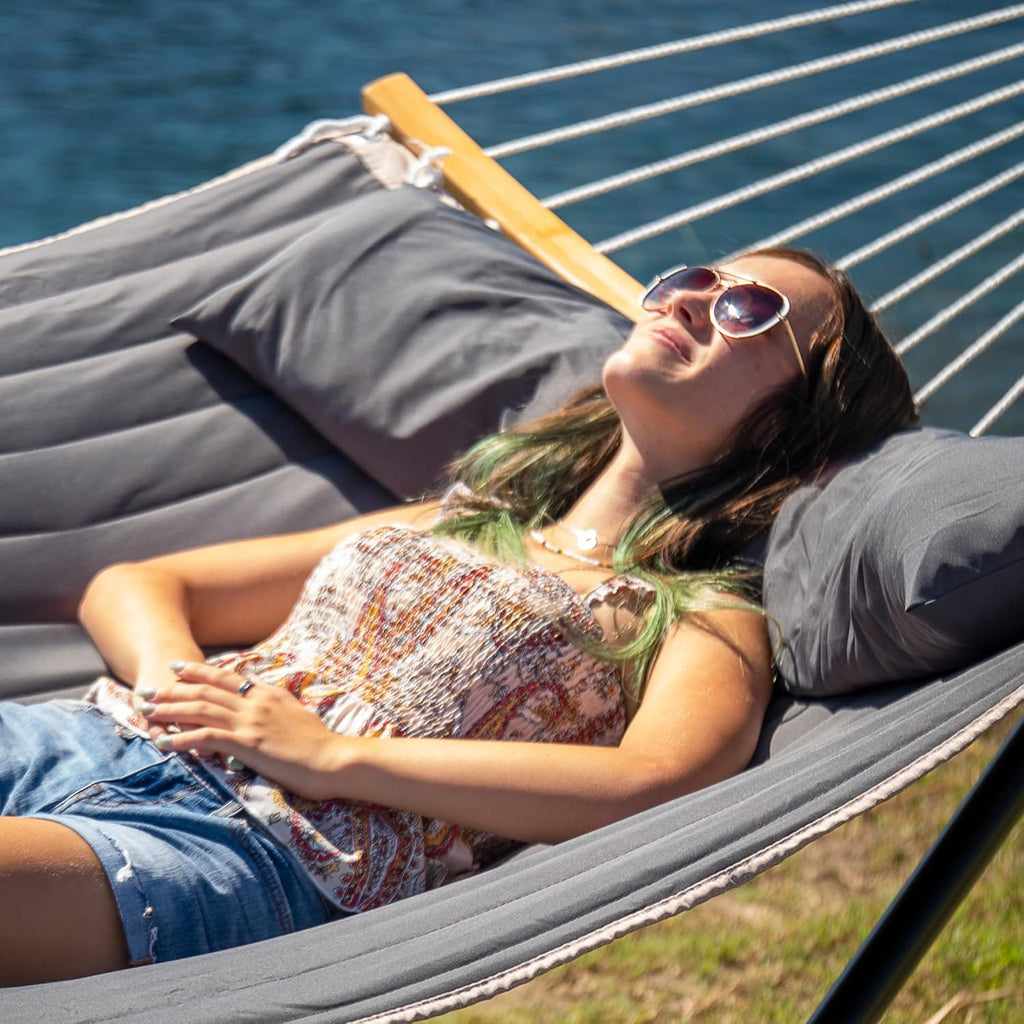 Heavy Duty Hammock with 12FT Stand, Double Hammock, Dark Gray | Large Hammock with Curved Spreader Bar, Pillow