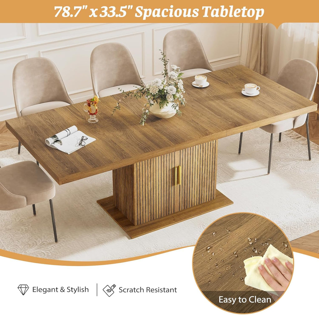 62.99"-78.74" Expandable Dining Table with Storage, Extendable Dining Table for 6-10 People, Extra Hidden Storage for Tableware & Wine, Modern Farmhouse Table for Kitchen Living Room-Brown