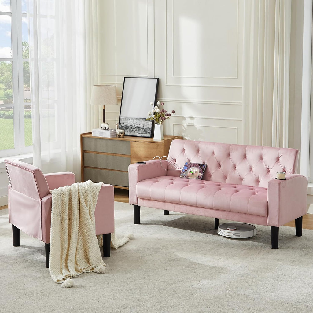 Mid-Century Modern Tufted Pink Velvet Loveseat Sofa Set w/ 2 USB & 2 Cupholders, 2 Piece Living Room Furniture Sets