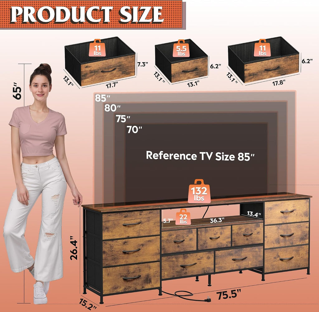 75.5" TV Stand for 65, 75, 80, 85 Inch TV, Dresser for Bedroom with Power Outlets & LED Lights, 11 Drawer Fabric