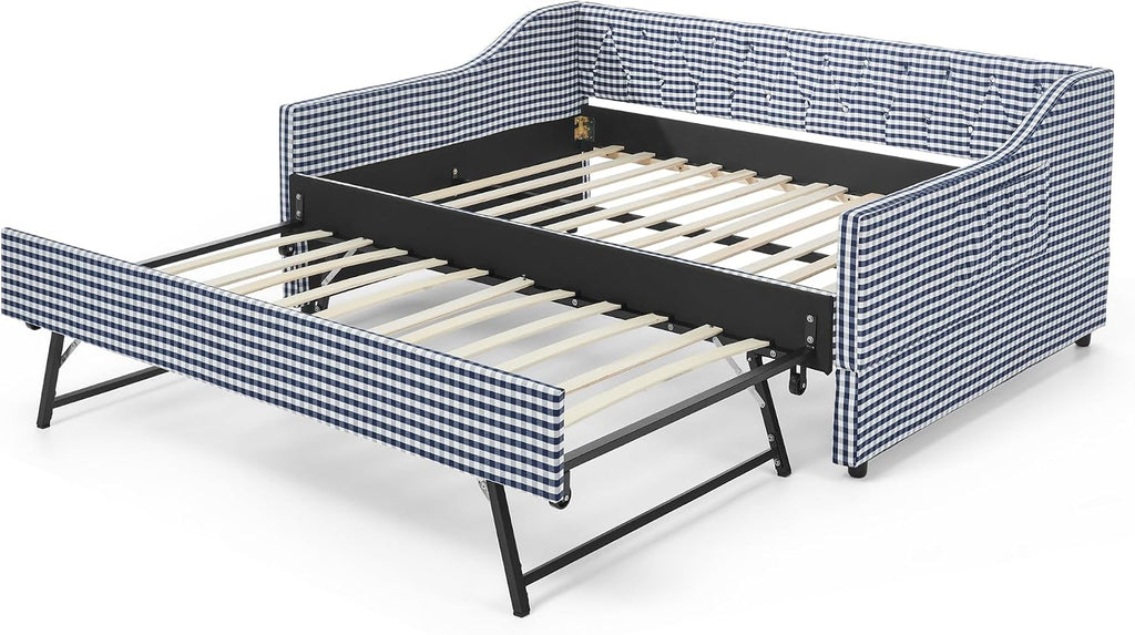 Gingham Daybed with Pull-Out Trundle and Side Pocket /Guest Room, Full Size Upholstered 3-in-1 Versatile Sofabed