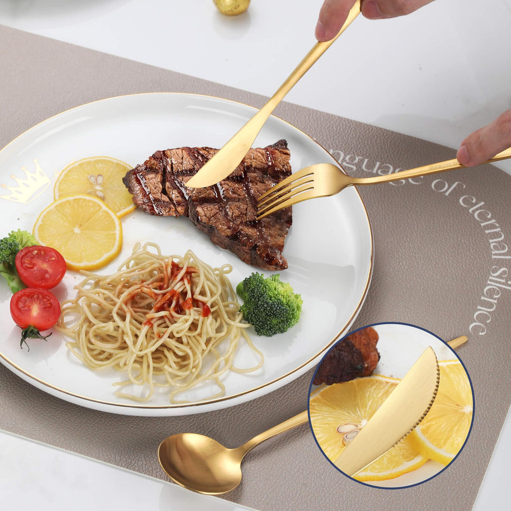 Matte Gold Silverware Set, 30 Piece Stainless Steel Modern Flatware Set, Brushed Cutlery Set Service for 6, Satin Finish