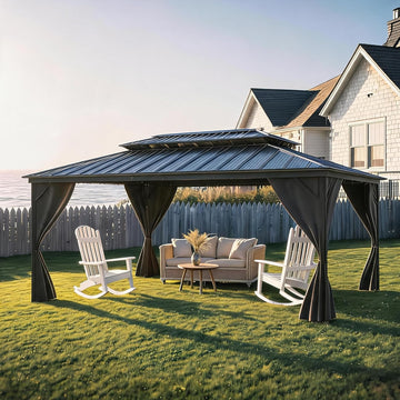 Hardtop Gazebo 12 ft x20 ft for All Weather, with Double Metal Roof, Net, and Curtain, Permanent Building and Garden