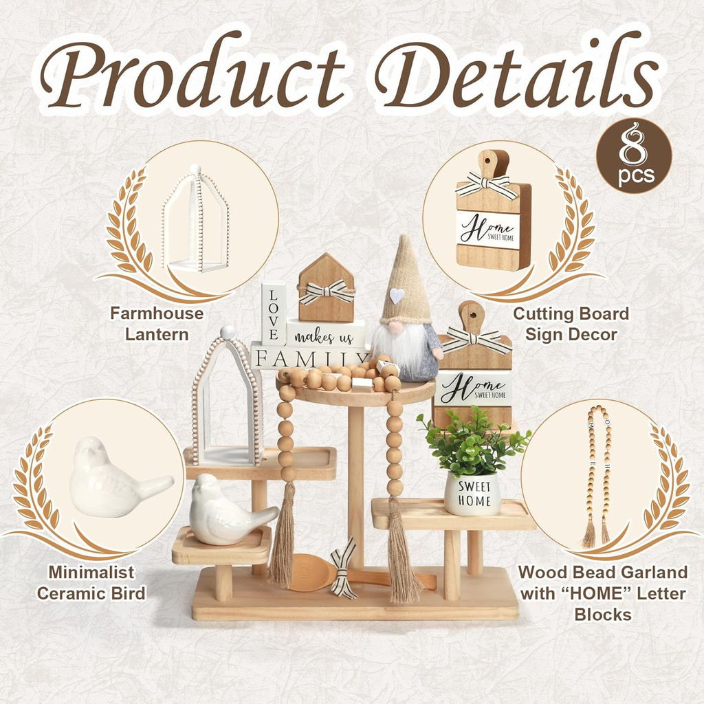 Farmhouse Tiered Tray Decor Set, 8 PCS Rustic Sweet Home Tabletop Decorations with Wooden Signs Lantern Plant Gnome