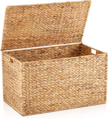 30 x 17.5 x 17.5 Inch Water Hyacinth Wicker Storage Trunk with Metal Frame, Heavy Duty Storage Chest with Lid Large