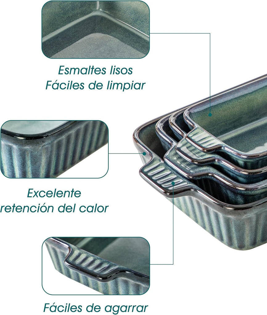 Ceramic Casserole Dishes for Oven, Reactive Glaze Dishes Set of 4, Deep Rectangular Lasagna Pans with Handles