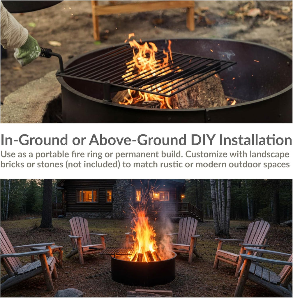 36 Inch Fire Pit Ring with Cooking Grate - Heavy-Duty Steel