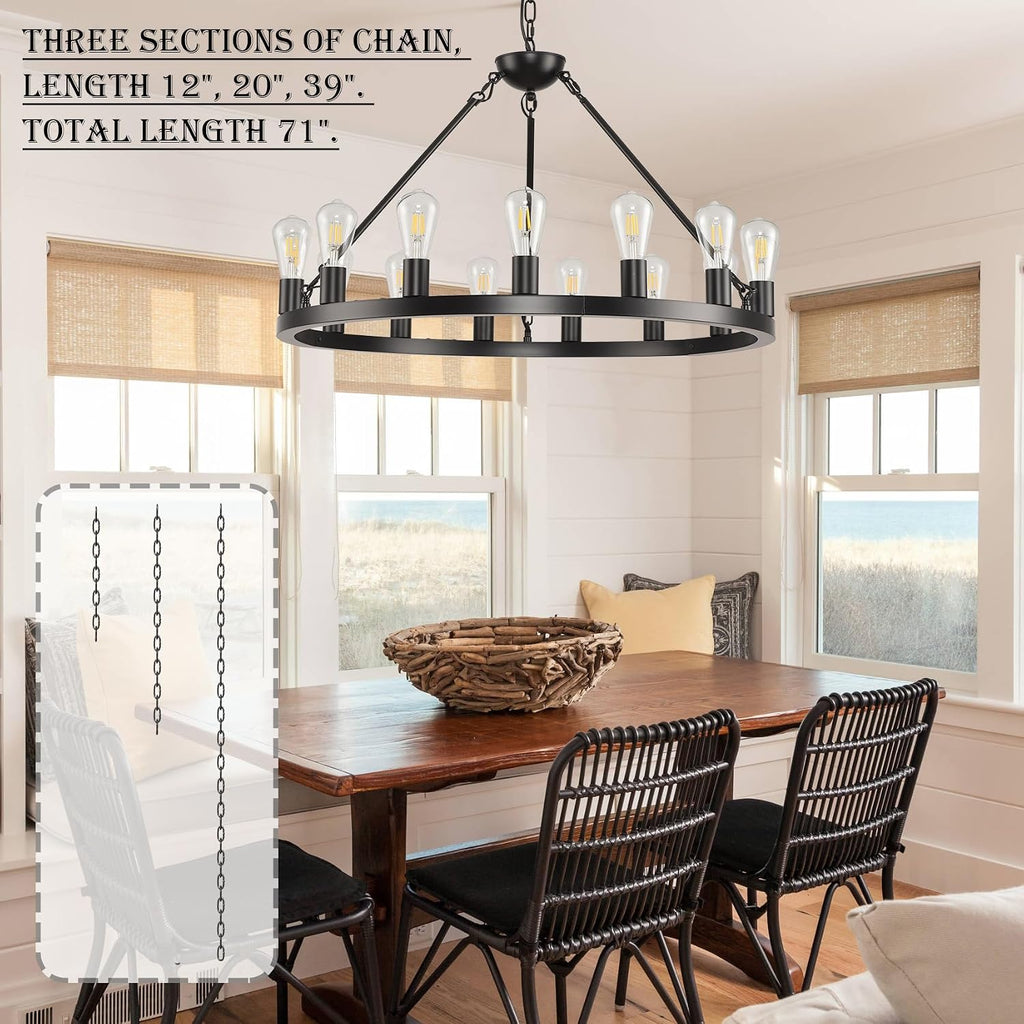 32 inch Black Wagon Wheel Chandelier 15-Light Farmhouse Round Wheel Chandeliers Hanging Light Fixture Outdoor Wagon