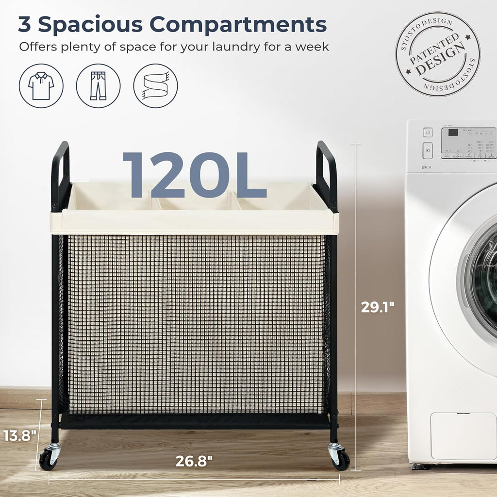 Laundry Hamper 3 Section, 120L Rolling Laundry Sorter Cart with Removable and Washable Liner Bag, Clothes Hamper with