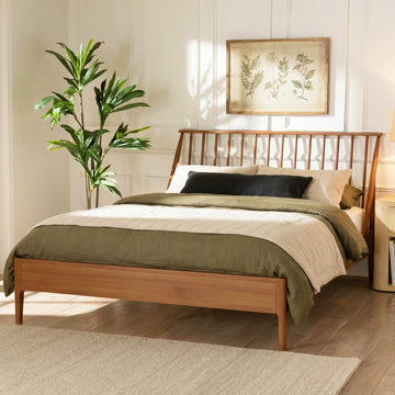 King Size Solid Bamboo Wood Spindle Platform Bed with 46.5" Tall Headboard, Bohemian Bed Frame with Wooden Slats and