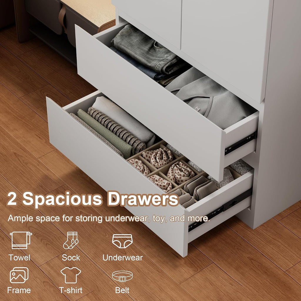 White Armoire Wardrobe Closet with Large Capacity, 78.74" Tall Bedroom Armoire, Wooden Wardrobe Cabinet with 2