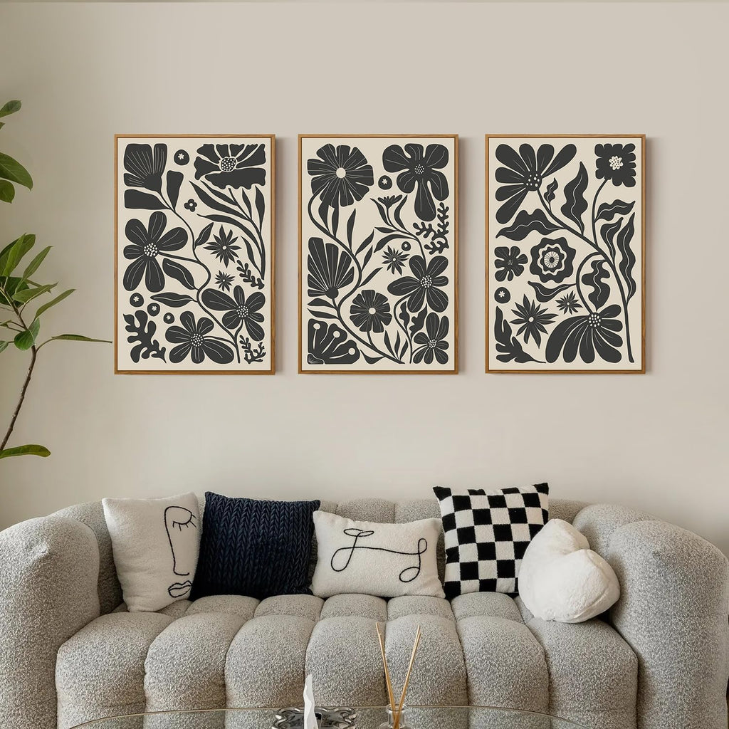 Black Floral Botanical Framed Canvas Wall Art Set, Abstract Floral Market Wall Decor, Modern Vintage Wall Painting